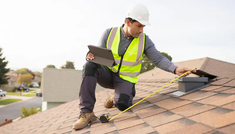 Licensed roofing contractor performing a roof inspection in Sarasota, FL